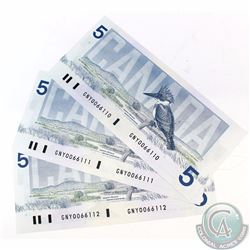 3 x 1986 $5 Notes with Thiessen-Crow Signatures, Changeover Prefix GNY and Consecutive Serial Number