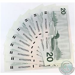 9 x 1991 $20 Notes with Bonin-Thiessen Signatures and Consecutive Serial Numbers. 9pcs