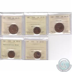 5x Canada 1-cent ICCS Certified Dated 1916 AU-50 (Cleaned), 1919 AU-55, 1920 Small MS-62 Lustrous Br