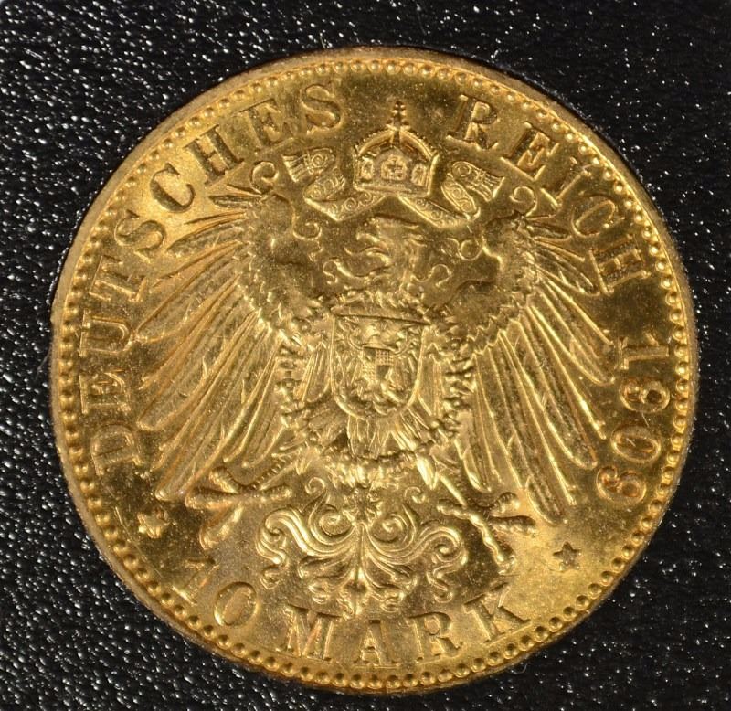 1909 GERMAN 10 MARKS GOLD COIN, BU