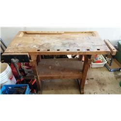 Vintage Wooden Workbench (44”x20”x31”) (2 Hand Vices Attached)
