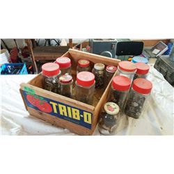 Wooden Trib-O Crate Full Of Jars Of Hardware