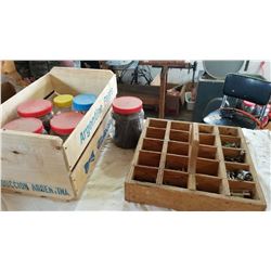 Wooden Tray With Misc. Items, Wooden Argentine Pears Crate With Misc. Items