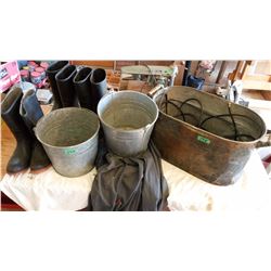 Metal Pails (2) Clothing, Rubber Boots (3), Cable, Copper Boiler