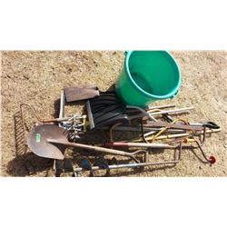 Lot Of Garden Tools & Green Feed Tub