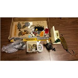 Scale, Darts, Keys, Fishing Reel, Brass Items & Misc.