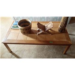 Coffee Table, Book Stand With Book, Wicker Basket