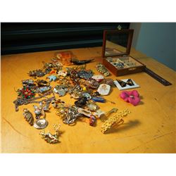 Lot Of Costume Jewelry (Pins, Brooches, Etc) & Wooden Ring Box With Rings