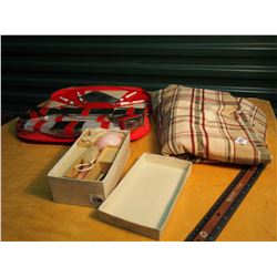 Lot Of Misc. (Red Zippered Travel Kit With Grooming Supplies, Fabric, Box With Pink Brush Contents)