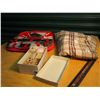 Image 1 : Lot Of Misc. (Red Zippered Travel Kit With Grooming Supplies, Fabric, Box With Pink Brush Contents)