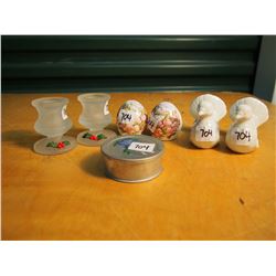 Lot Of Misc. (Salt & Pepper, Doves (2), Candle Holders, Collapsible Cup)