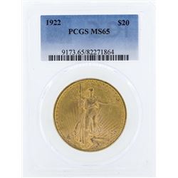 1922 $20 St. Gaudens Double Eagle Gold Coin PCGS MS65