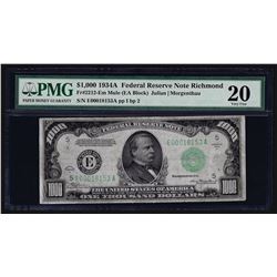 1934A $1000 Mule Federal Reserve Note Richmond PMG VF20