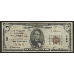 1929 $5 National Bank Note of Philadelphia Pennsylvania Charter #539