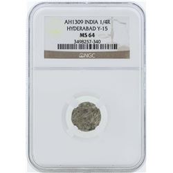 AH1309 India 1/4 Rupee Hyderabad Y-15 Coin NGC MS64