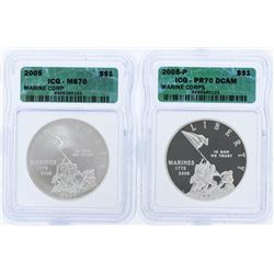 Set of (2) 2005 $1 Marine Corps Silver Dollar Coins ICG Graded