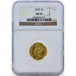 1878 $3 Indian Princess Head Gold Coin NGC AU53