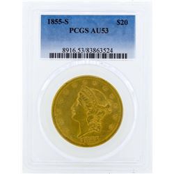 1855-S $20 Liberty Head Double Eagle Gold Coin PCGS AU53