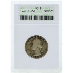 1932-S Washington Silver Quarter Coin ANACS VG8