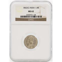 1862 India 1/4 Rupee Silver Coin NGC MS62