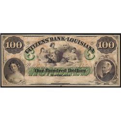 1800's $100 The Citizens Bank of Louisiana Obsolete Bank Note