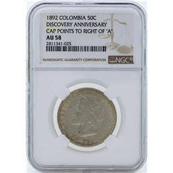 1892 Colombia 50 Centavos Discovery Anniversary Silver Coin NGC AU58