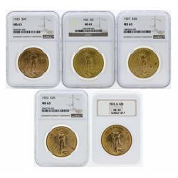 Lot of (5) Assorted $20 St. Gaudens Double Eagle Gold Coins PCGS MS63
