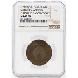 1790's Great Britain 1/2 Penny Norfolk Norwich Coin NGC MS63BN