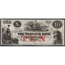 1800's $10 The Warwick Bank Obsolete Bank Note