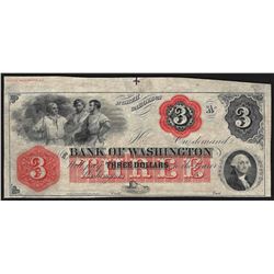 1800's $3 The Bank of Washington North Carolina Obsolete Note