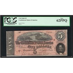 1864 $5 The Confederate States of America Note T-69 PCGS New 62PPQ