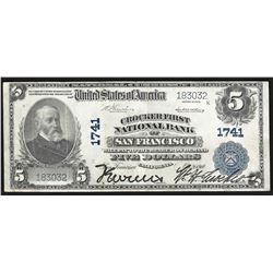 1902 $5 Crocker First National Bank San Francisco California Currency Note