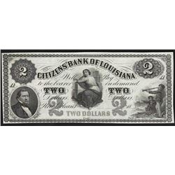 1800's $2 The Citizens Bank of Louisiana Obsolete Note