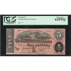 1864 $5 The Confederate States of America Note T-69 PCGS Choice New 63PPQ