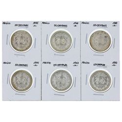 Lot of (6) 1943-1945M Mexico 50 Centavos Coins