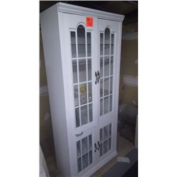 2 door glass door white cabinet with dishes