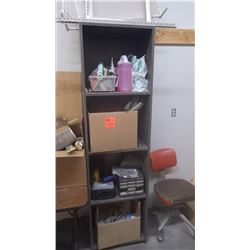 4 shelf cabinet with contents (nuts, bolts, car radio, padlocks and miscellanous)