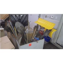 Large lot of shovels, picks, rake, pry bars, etc.