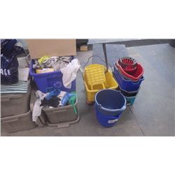 Large lot of towels, rags and mop pail