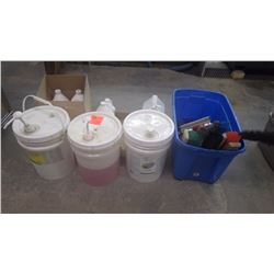 Large lot of brushes, brooms and cleaning liquids