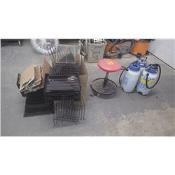 Lot of miscellaneous office supplies, sprayers, and mechanical bench