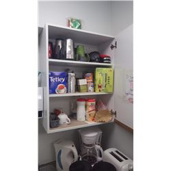 Large amount of coffee, tea, numberous thermos mugs, toasater, coffee pot and kettle