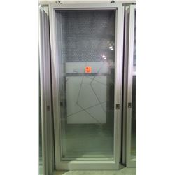 Approximately 5 glass panels/sliding doors with aluminum frames on rollers