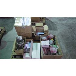 Pallet of electrical Honeywell fire alarms, paint, box of clocks