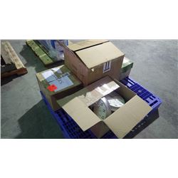 Pallet of 3 boxes of wall clocks and a box of batteries