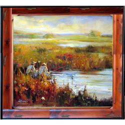 Fishing Acrylic LARGE Frame ORIGINAL Art DEALER LIQUIDATION Heavy Texture Original Landscape Scenic