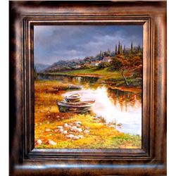 Water Boat Scene Detailed SIGNED Painting Canvas Realism Heavy Texture Original Landscape Scenic