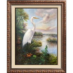 Standing Egret Painting on Canvas Realism Wildlife Signed Elliott
