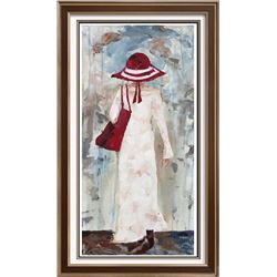 Beach Day Girl with Red Hat Signed Original Painting Janier Canvas