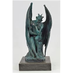Green Patina Devil Satyr Diablo Dark Angel bronze sculpture By Milo on marble base